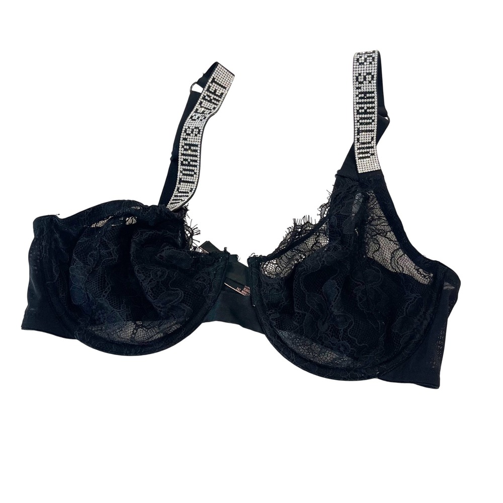Victoria's Secret Very Sexy Unlined Demi Bra Black Lace Crystal Shine Strap 36DD